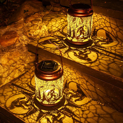 Illuminated Boho Mosaic Solar Lanterns outdoor lights casting patterns, blue waterproof table lights, Turkish Moroccan style.