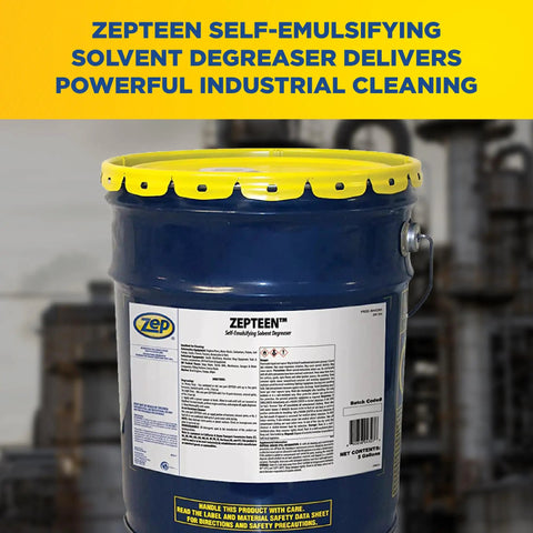 Self Emulsifying Solvent Degreaser For Heavy Grease And Grime Cleanup, 5 Gallon Industrial Degreaser container in workshop