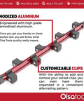Three Quarters Inch Drive Socket Organizer Red Rail For Impact Sockets, aluminum holder with ABS clips.