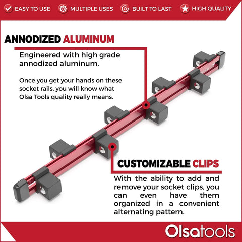 Three Quarters Inch Drive Socket Organizer Red Rail For Impact Sockets, aluminum holder with ABS clips.