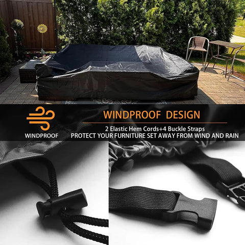 All Weather Patio Furniture Set Cover For Outdoor Sectional Sofa And Table And Chair Sets No Hassle Water Resistant Large 315 Cm L By 160 Cm W By 74 Cm H Fits 7 To 9 Piece Sets Weatherproof Protection showcasing windproof design with elastic cords and buckle straps on patio