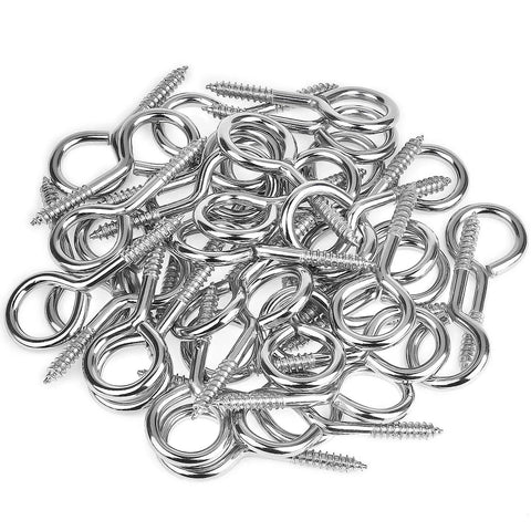 40 Pack 2 Inch Screw Eyes Nickel Plated Steel Self Tapping Eye Hooks Rust Resistant Metal Hardware in a pile, durable for home projects.
