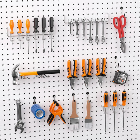 Slick Shop Pegboard Organizer And Hook Lock Kit With Heavy Duty Storage Bins organized with tools like pliers, wrenches, and screwdrivers on a pegboard.
