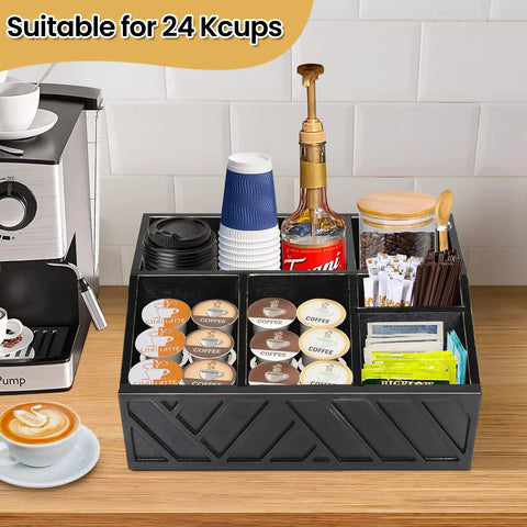 Coffee Station Organizer For Counter With Wood Pod Holder And Tea Condiment Storage Basket, Rustic Bar Decor, Upgraded Large