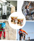 Heavy Duty Track Wheel Pulleys Set, V Groove Wheel Design in a collage with climbing and gym equipment