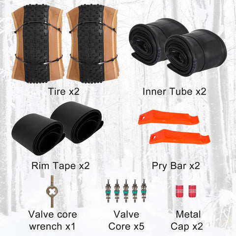26x4.0 Fat Bike Tires And Tubes Set For E-Bikes And Mountain Bikes All Terrain Puncture-Resistant Folding Tire Kit 102-559 33TPI With Skin Tone Sidewalls And Included Valve Core Tool displayed with included accessories against snowy background