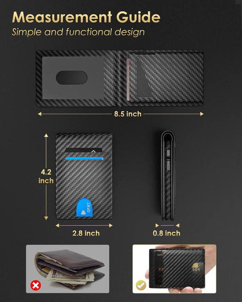 Slim RFID Blocking Wallet For Men With Pop Up Card Holder, Metal Shell, Cash Slot, Carbon Fiber Finish measurements