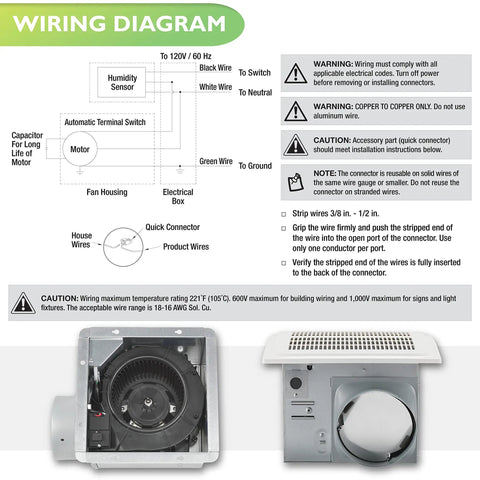 Humidity Sensing Bathroom Vent Fan For Large Bathrooms 140 CFM With Auto On Off Quiet Exhaust Powerful Airflow 1.0 Sone Energy Star Rated Red And Green LED Indicators wiring diagram and internal fan view