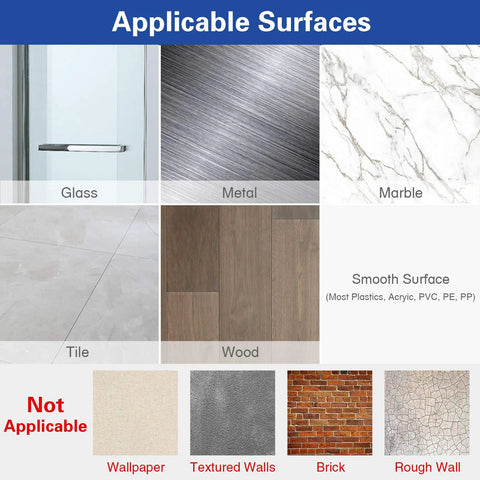 Applicable surfaces for 1 Inch Wide Hook And Loop Tape Roll Set include glass, metal, marble, tile, wood; not wallpaper, textured, brick.