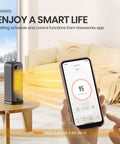 Person using phone app to control Smart Indoor Space Heater With Wi Fi And Voice Control 1500W Portable Electric Heater placed on table in living room.