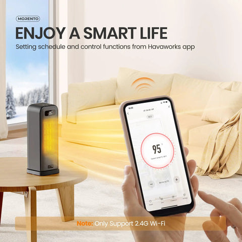Person using phone app to control Smart Indoor Space Heater With Wi Fi And Voice Control 1500W Portable Electric Heater placed on table in living room.