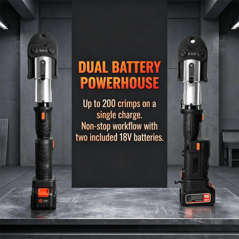 Powerful 18V Cordless Pipe Crimping Tool For Pex And Copper Lines showing dual battery and ergonomic handle design.