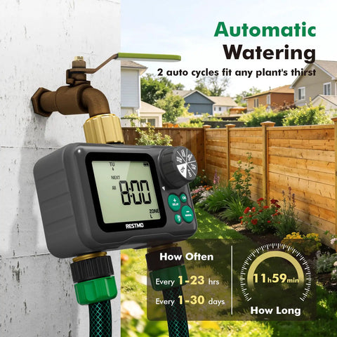 Remote Control Brass Sprinkler Timer For Outdoor Hose Faucet Two Zone System with large dial, attached to garden tap.