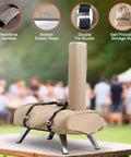 Heavy Duty 12 Inch Pizza Oven Cover Tough As Nails Waterproof Weather Resistant 600D Polyester Oxford Fabric All Weather Protection Fits 12 Inch Ovens Outdoors Designed For All Weather Outdoor Use, shown on pizza oven outdoors with straps and handles.