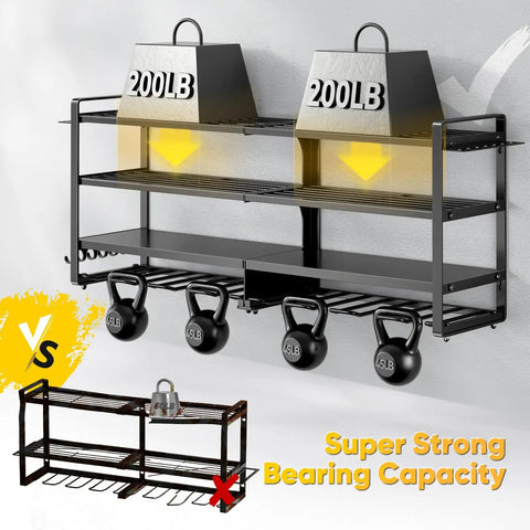 Large Power Tool Organizer Wall Mount Four Layer Beefy Heavy Duty Steel Rack With 400lbs Capacity showcasing strength with weights