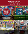 Various Americana-themed outdoor decor items displayed in a store, featuring patriotic designs and a 250-year independence celebration emblem.