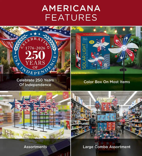 Various Americana-themed outdoor decor items displayed in a store, featuring patriotic designs and a 250-year independence celebration emblem.