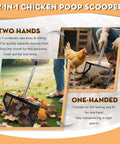 Heavy Duty Chicken Poop Scooper And Rake 2 In 1 With A 10 Inch Wide Scoop And Adjustable Stainless Steel Handle, shown in use.