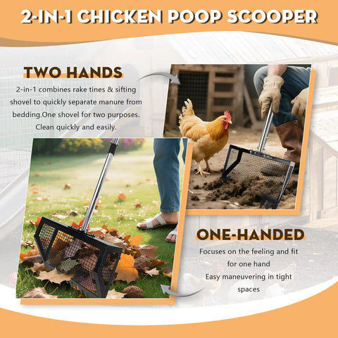 Heavy Duty Chicken Poop Scooper And Rake 2 In 1 With A 10 Inch Wide Scoop And Adjustable Stainless Steel Handle, shown in use.