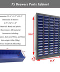 Heavy Duty Steel Parts Organizer With 75 Drawers And Customizable Dividers For Bolts And Nuts shown from the side with dimensions