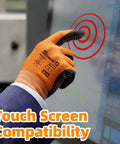 Person using touchscreen wearing Foam Nitrile Coated Safety Gardening Work Gloves With MicroDot Grip