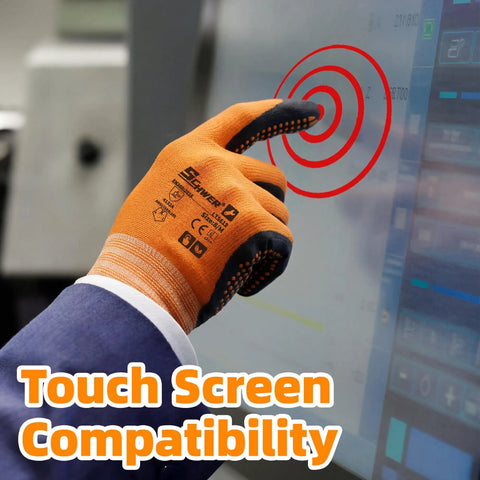Person using touchscreen with Nitrile Coated Safety Work Gloves With MicroFoam Palm And MicroDot Grip For Tough Jobs 3 6 12 Pairs ANSI Level 6 Abrasion Resistant Gardening Gloves Touchscreen Compatible General A1 Cut Resistant Size L.