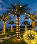 Long 33 Feet Solar Rope Lights With 100 LEDs wrapped around palm trees, illuminating a garden at night with warm white light.