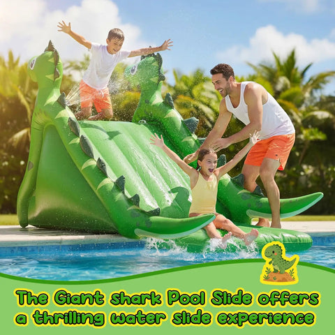 98 Inch Giant Inflatable Pool Slide For Kids And Adults, Durable Backyard Water Park Play Center For Inground And Above Ground Pools, Summer Splash Slide For Climbing, Sliding, And Cooling Off With Dinosaur Theme
