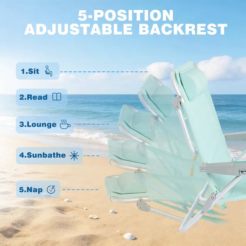 Extra Wide Beach Chair With 5 Position Lay Flat Recline Built Tough For Adults, Heavy Duty 500 Lb Capacity, chair positions