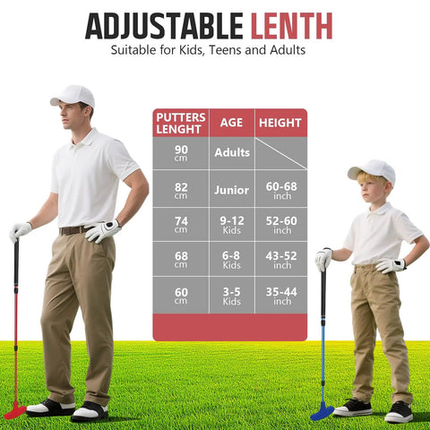 Two Pack Adjustable Golf Putters For Men And Women With 6 Practice Balls, 2 Flag Cups, And Training Kit chart showing length options