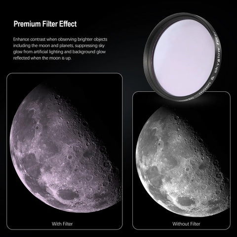 Comparison of Moon glow with and without using Moon Filter 2 Inch for Telescopes, Cuts Moon Glow and Glare, Boosts Lunar Crater Details.