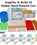 Hands On Rubber Band Powered Car Kit For Classroom STEM Projects Kids Build And Race DIY Wooden Cars components visible