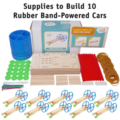 Hands On Rubber Band Powered Car Kit For Classroom STEM Projects Kids Build And Race DIY Wooden Cars components visible
