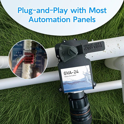 Sencroyal GVA-24 valve actuator installed on PVC pool valve, black plastic housing, 24V with 15-ft cable