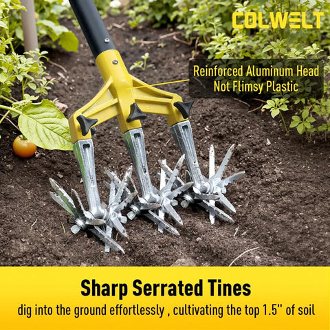Rotary Cultivator Garden Tool For Loosening Compacted Soil 61 Inch With Detachable Aluminum Tines Dope Manual Tiller in use
