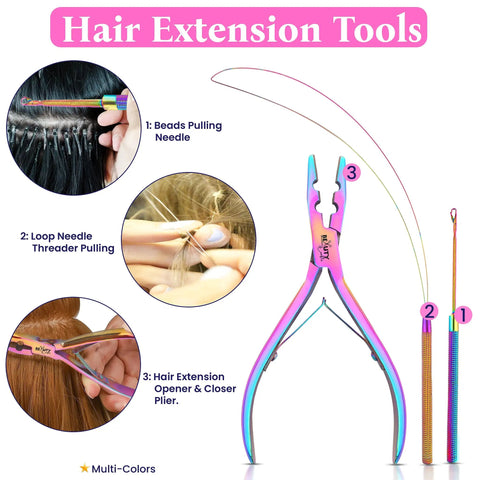 Micro Links Hair Extensions Kit With Stainless Steel Beads Closer And Remover Pliers, Pulling Hook, Bead Tool, Loop Needle, And Leather Pouch For Quick, No Fuss Feather And Hair Extensions, rainbow tools set