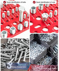 62-piece nut and bolt thread gauge set on red wall-mount panel with standard and metric gauges, bolts, and nuts.
