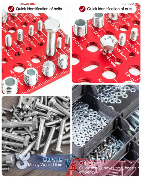 62-piece nut and bolt thread gauge set on red wall-mount panel with standard and metric gauges, bolts, and nuts.