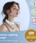 Woman wearing Dope Portable Neck Fan With 4000mAh Battery, Rechargeable Hands Free Personal Cooling Fan, 3 Speeds And 64 Cool Lights