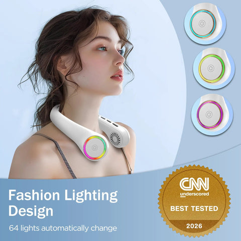 Woman wearing Dope Portable Neck Fan With 4000mAh Battery, Rechargeable Hands Free Personal Cooling Fan, 3 Speeds And 64 Cool Lights
