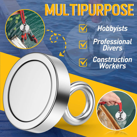 WUDIME fishing magnet set: two silver magnets (disc and ring) 2.36-inch diameter, 500 lb pull.