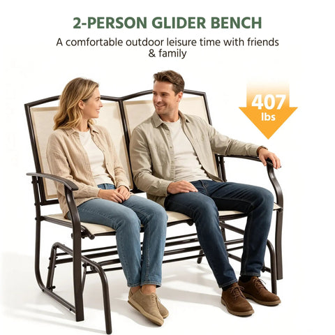Two Person Outdoor Glider Bench For Patio And Garden, Heavy Duty Steel Frame Rocking Loveseat For Backyard And Poolside, Porch, Smooth Glide Mechanism, Weather Resistant Beige