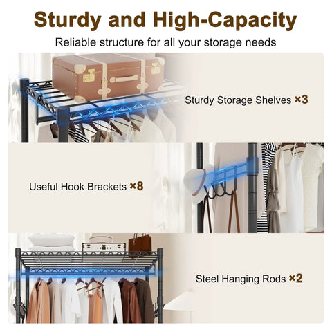 Clear View Clothes Closet with 3 way zipper front and heavy duty epoxy metal frame featuring shelves, hooks, and hanging rods.