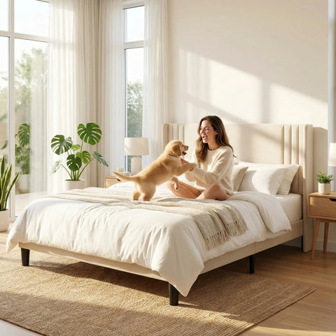 Prime Queen Bed Frame With Plush Wingback Headboard And Heavy Duty Steel Base For Ultimate Lounge Comfort And Durable Support To Kick Back And Rock Your Bedroom Setup with woman and puppy.