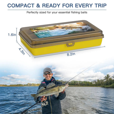 Angler holding fish next to tackle box from All In One Freshwater Fishing Lure Kit With Tackle Box Included Crankbaits Soft Plastic Baits Poppers Minnows Hooks Weights And Accessories For Bass Trout Walleye Beginners