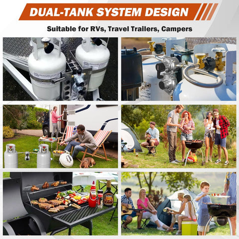 2 Stage Auto Changeover Propane Regulator With Gauge And 18 Inch Stainless Steel Braided Hose for RVs shown in use