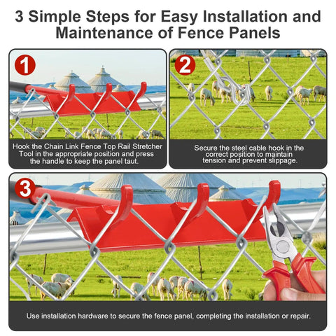 Steps for using One Man Chain Link Fence Top Rail Fabric Hanging Tool Heavy Duty Stretcher with Cable Hook for secure fencing