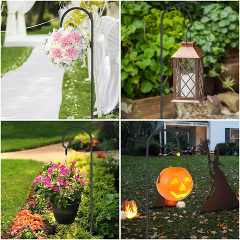 Adjustable 32 Inch Shepherds Hooks For Outdoor Garden Decor Hanging Lanterns Plants Bird Feeders Solar Lights Mason Jars Wreaths And Wedding Aisle Displays 2 Pack shown in garden and wedding settings