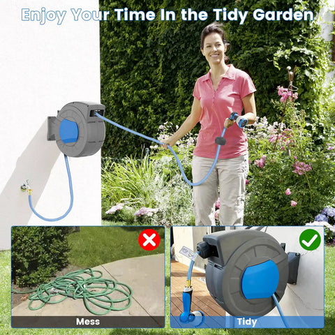 Person using Retractable Garden Hose Reel Wall Mount With 100 Ft Hose Half Inch Diameter Automatic Slow Rewind Lock Any Length outdoors.