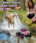 Pink Monster Off Road RC Car For Kids Ages 3 To 12 With 360 Spin Waterproof Amphibious 1 To 18 Scale 4WD in water with splashing dog